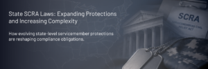 Military-themed illustration featuring a U.S. map, SCRA document, courthouse, and dog tags representing state-level servicemember protections and compliance requirements.