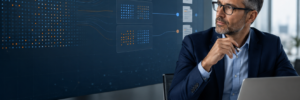 Compliance professional reviewing automated transaction data and analytics for bank compliance testing
